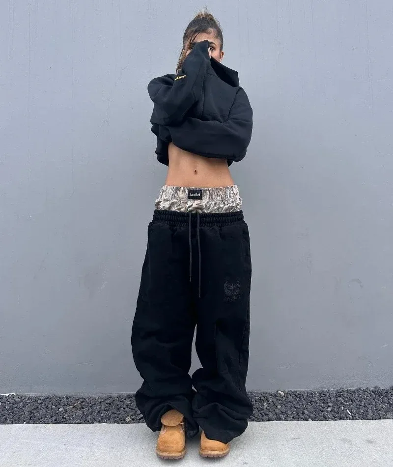 Y2KกางเกงVINTAGE Harajukuคู่ปักเอวSweatpantsผู้ชายWome Hip Hopสบายๆเอวสูงกางเกงขากว้างStreetwear