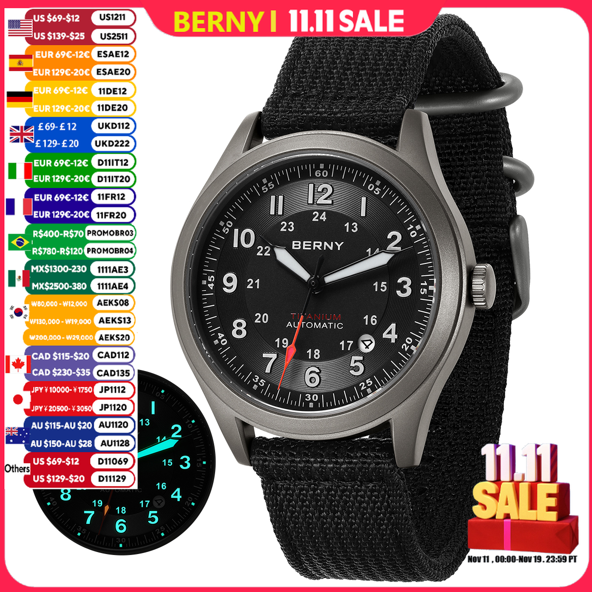 BERNY Титановые автоматические мужские полевые часы с датой и сапфиром, супер светящиеся спортивные, легко читаемые, механические часы для пилота на открытом воздухе, 10 АТМ