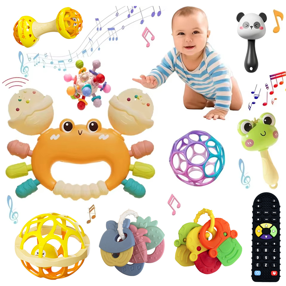 Sonajero de mano para bebé, juguete sensorial para la dentición, martillo de arena, cangrejo, agarre de mano, juguete educativo Montessori para edades tempranas para recién nacido de 0 a 6 y 12 meses
