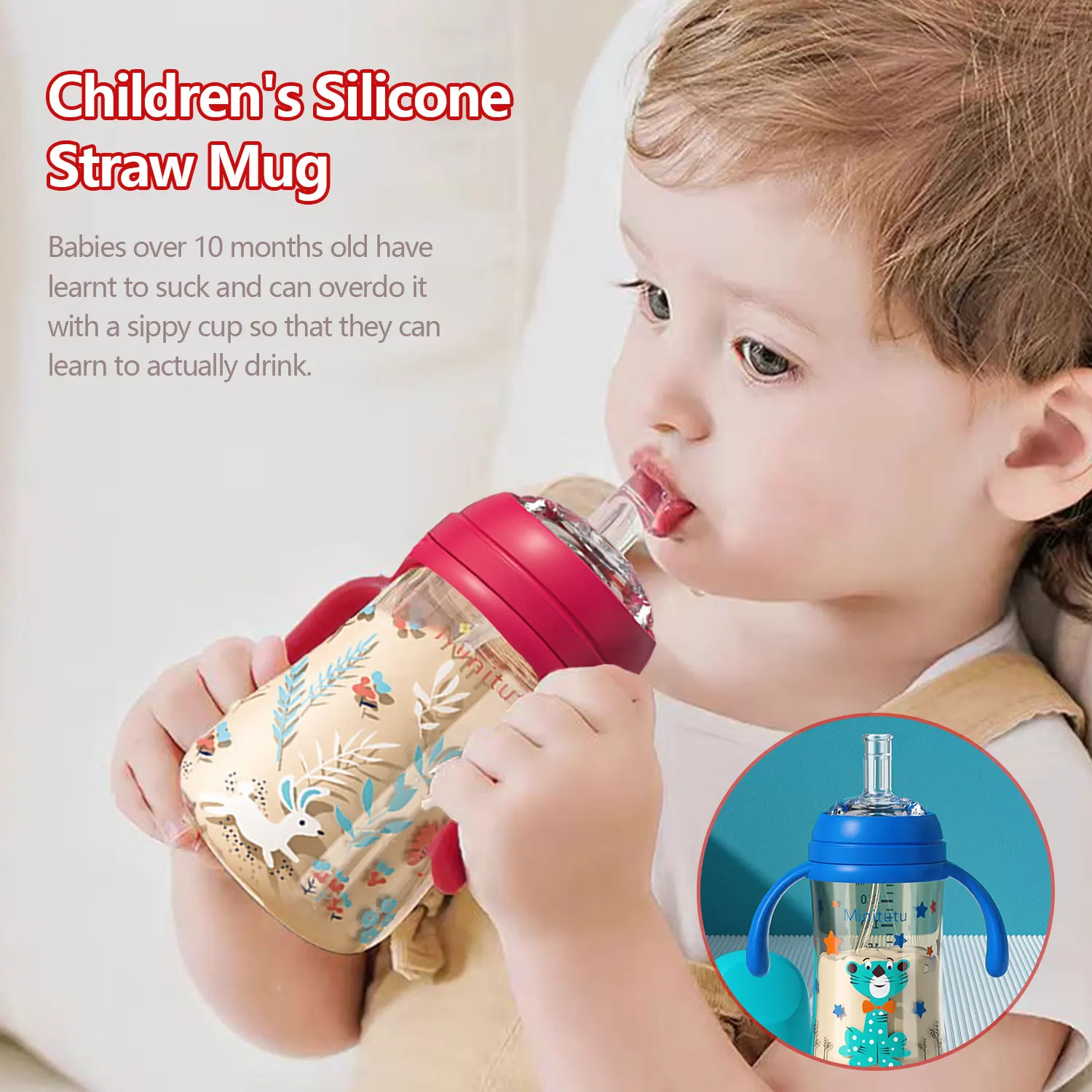 Copo com canudinho para bebê de 240ml, copo de água PP, resistente ao calor, para bebês com mais de 10 meses Design de bola de gravidade Sem vazamento ao invertido
