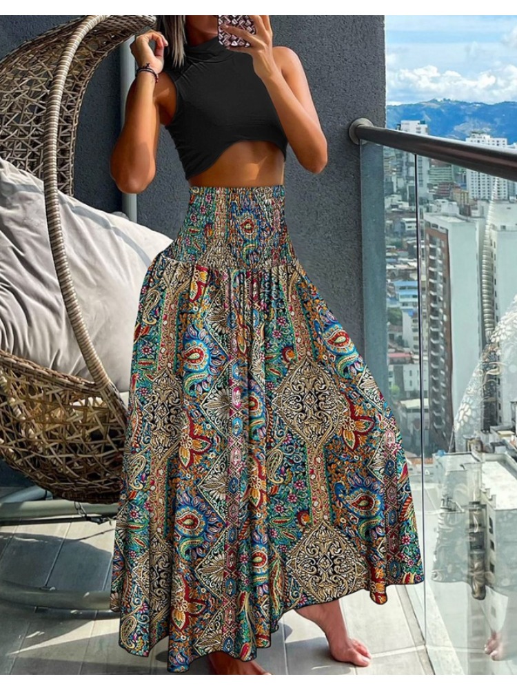 Moda feminina floral impressão dobras boêmio elástico de cintura alta saia senhoras na altura do joelho saias longas para mulher