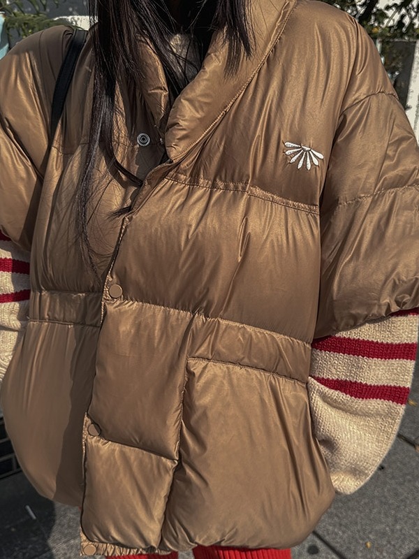 Luxurious Short Sleeve Double-Sided Wear Loose Embroidered Jacket Street Sle High Collar Double-Breasted Winter Outerwear