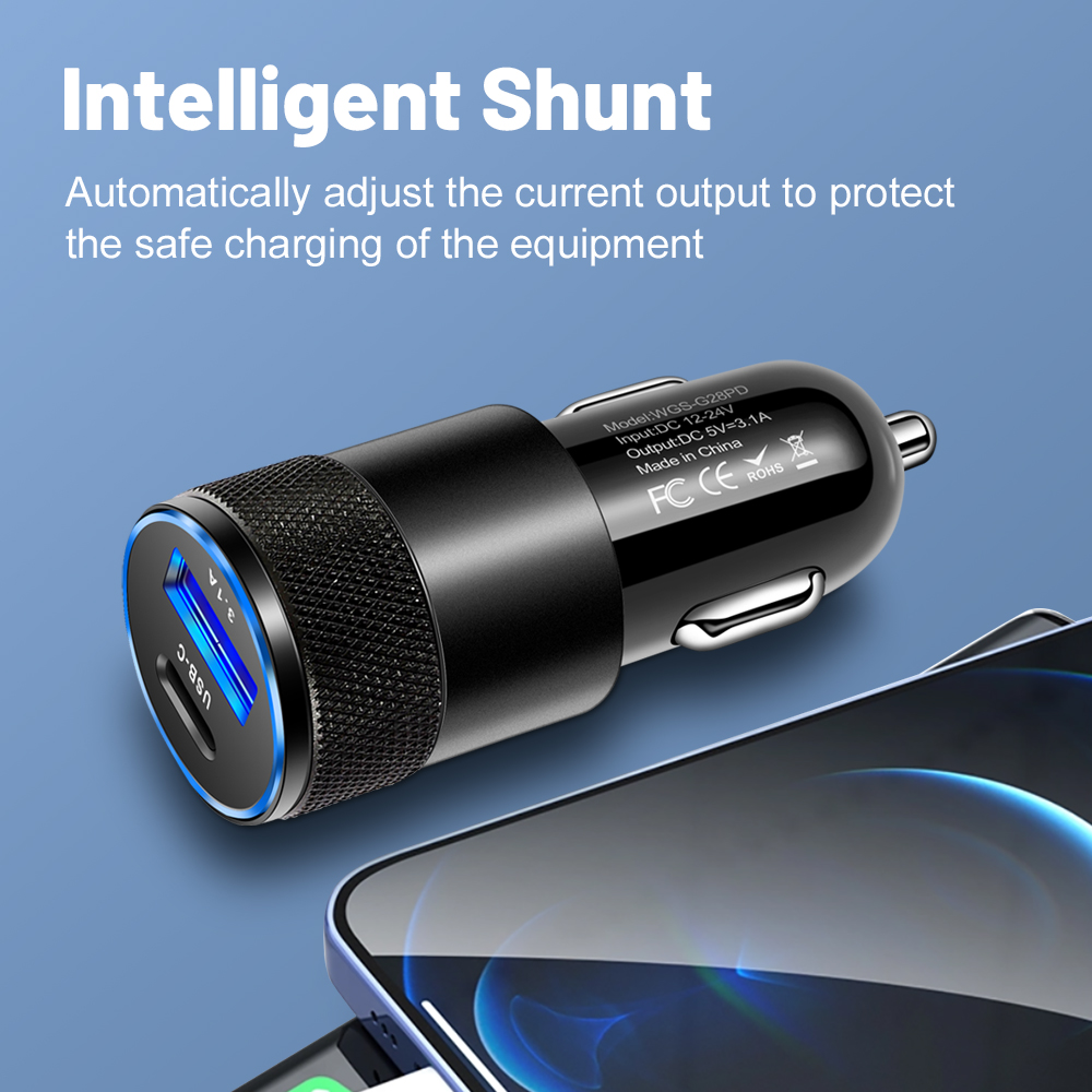 3,1 EINE USB Auto Ladegerät Typ C Schnelle Lade Telefon Adapter Für Xiaomi Huawei PD Telefon Ladegerät Adapter Buchse Zigarette leichter