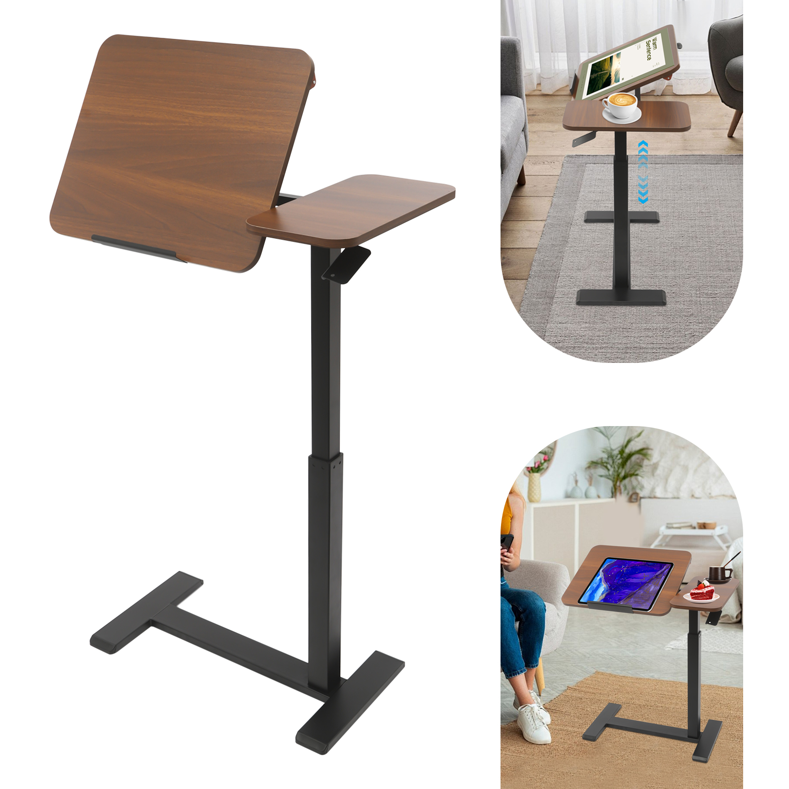 Mobile Standing Desk, Adjustable Overbed Bedside Table, Adjustable Rolling Standing Desk with Hidden Wheels Tilt Angle 0-60°