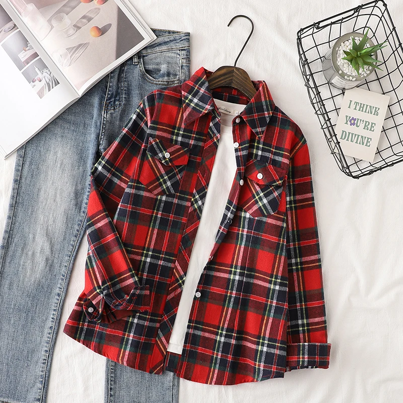 ผ้าฝ้ายลายสก๊อตเสื้อผู้หญิง 2024 ฤดูใบไม้ร่วงใหม่หญิง Casual SLIM FIT เสื้อแขนยาวและเสื้อสุภาพสตรี Checkered เสื้อผ้า