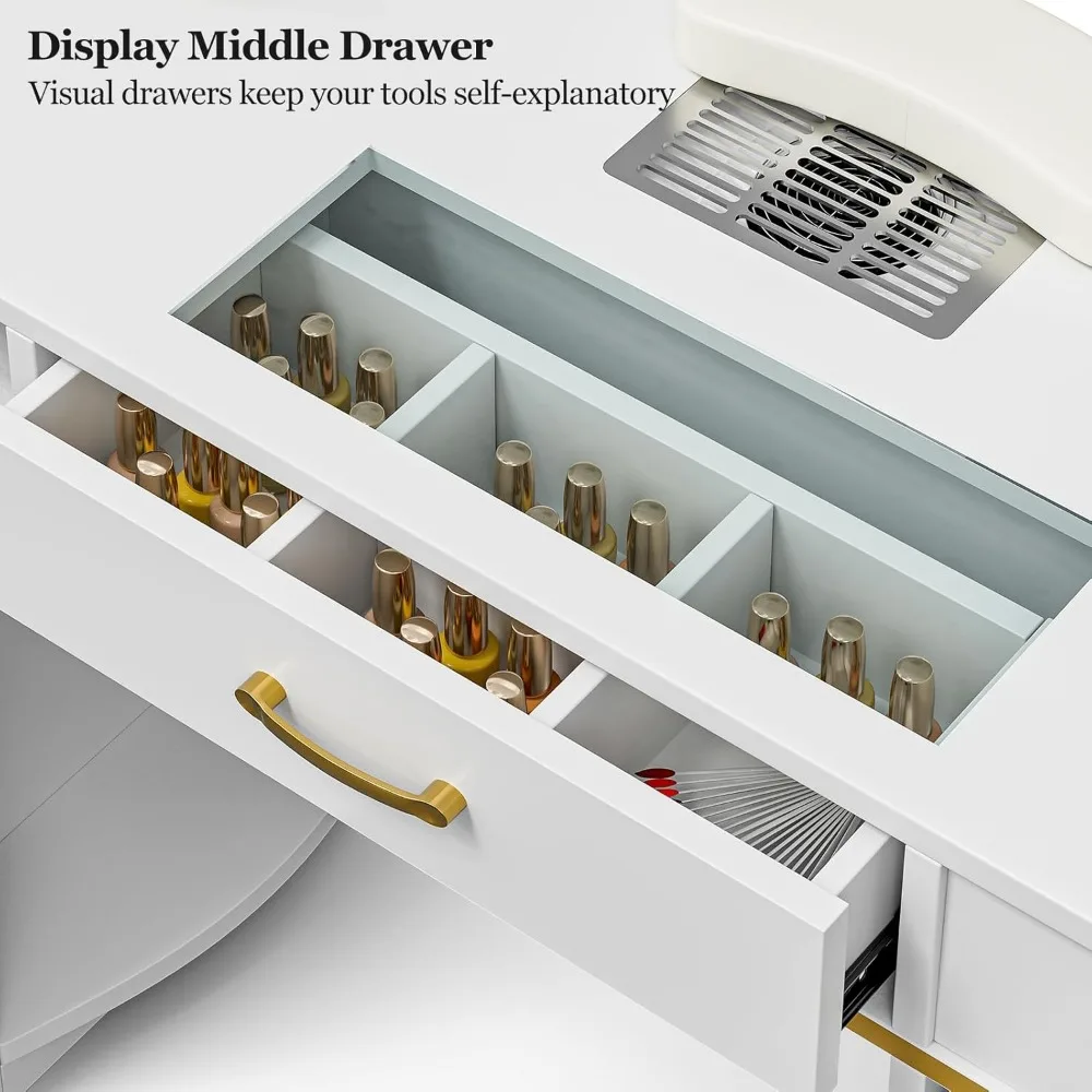 Manicure Table Nail Station for Nail Tech, Glass Top Nail Table Acetone Resistant W/Dust Collector, 7 Drawers & 3-Tier Shelves