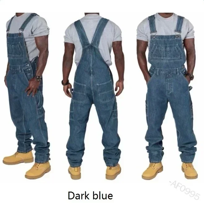 Monos vaqueros para hombre, mono con bolsillos, pantalones vaqueros largos sueltos informales, peleles rectos de otoño de talla grande, motociclista Punk de una pieza