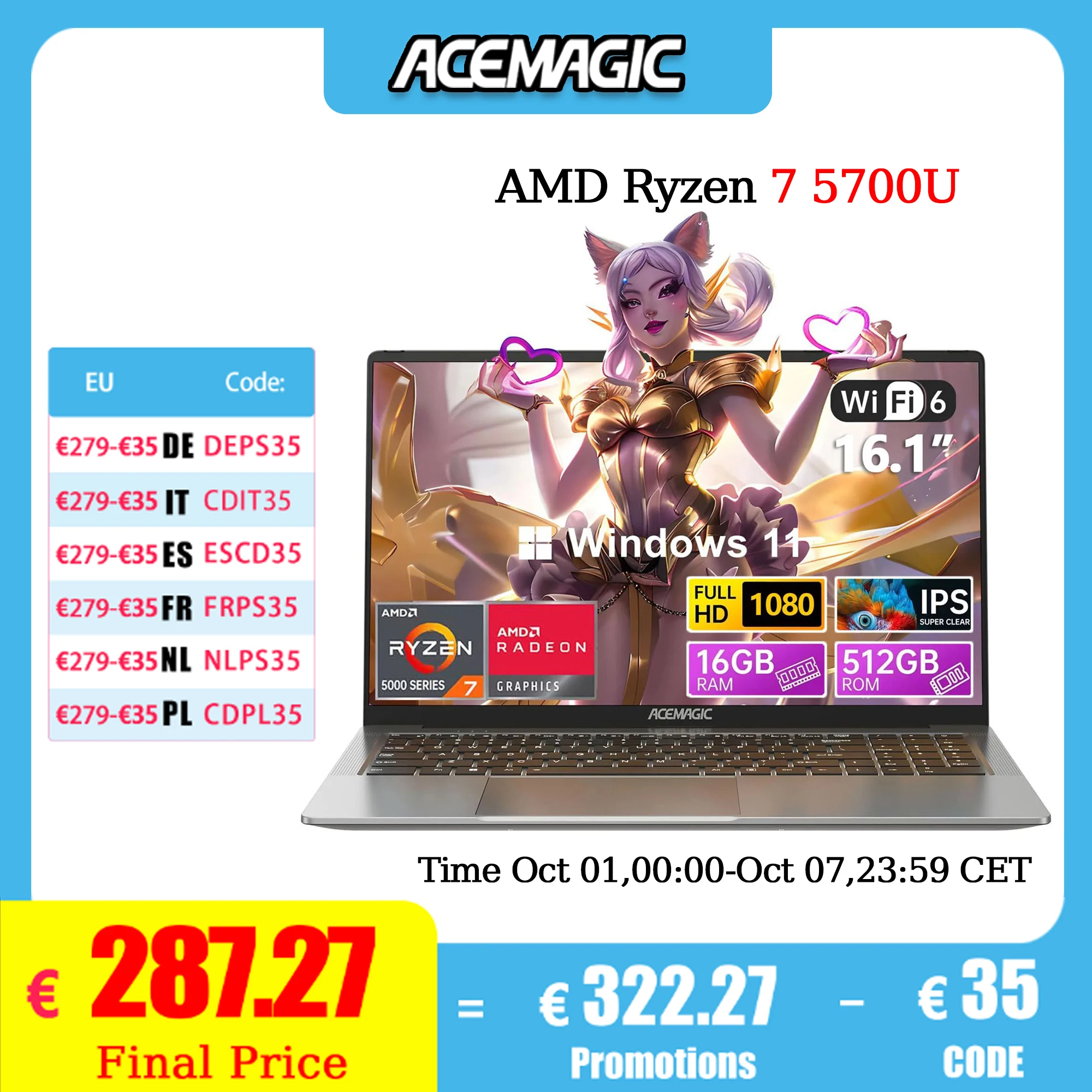 ACEMAGIC Gaming Notebook AMD Ryzen 7 5700U(Beat i7-1265U)Podświetlana klawiatura laptopa RAM 16 GB NVME SSD 512 GB 16,1" Full HD 1920x1080