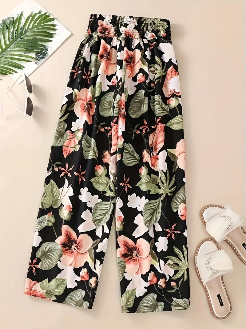 Floral Pants Spring and Summer Thin High Waist Slim Ice Silk Stretch Floral straight-leg Women's Pants