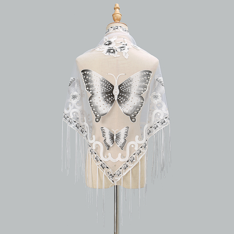 Lenço de renda borboleta estampado para senhoras, xale de borla triangular, monocromático, lenços brilhantes, moda elegante, capa de verão, 150*65cm