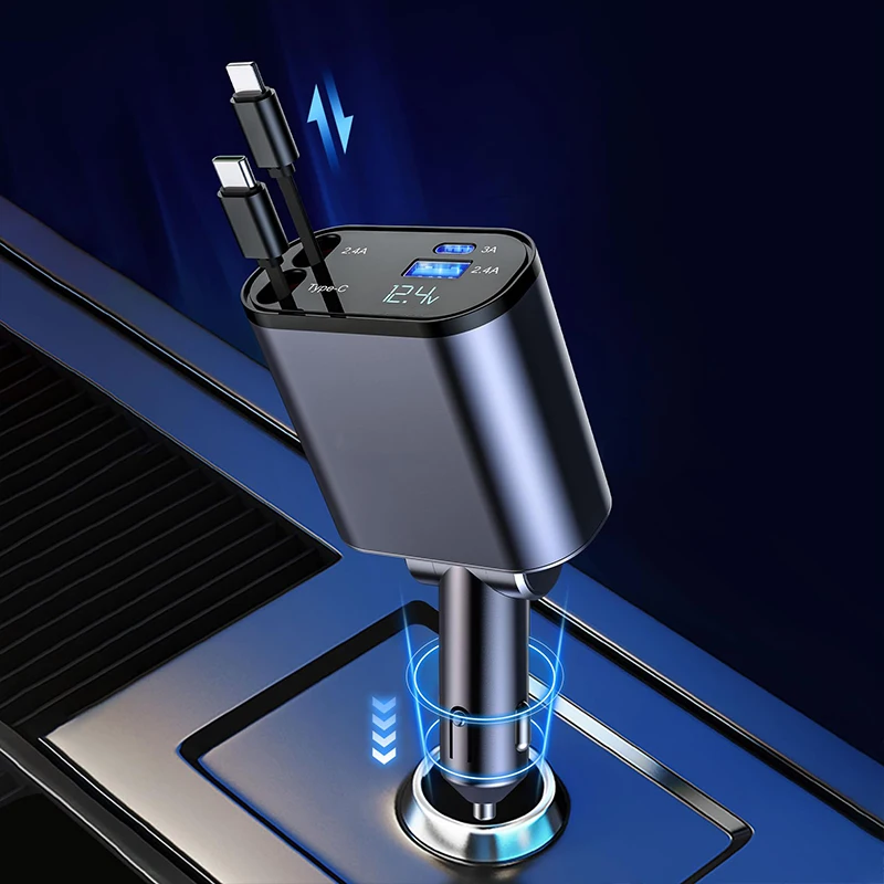 Nueva llegada 100w 4 en 1 cargador de coche retráctil Cable USB tipo C para IPhone Samsung Cable de carga rápida adaptador de encendedor de cigarrillos