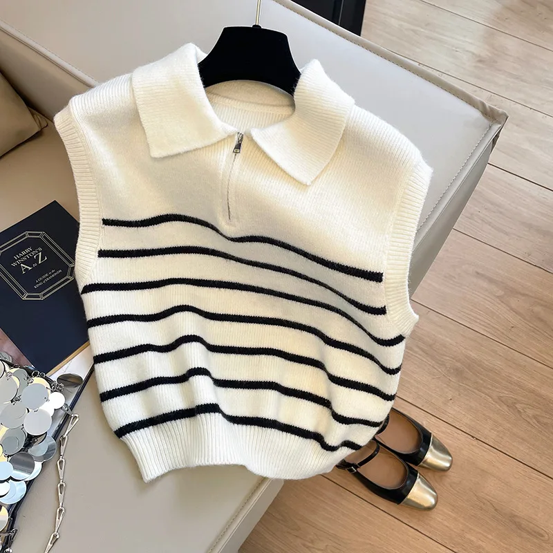 Retro Revers Reißverschluss Streifen gestrickte Weste Frauen Herbst Winter koreanische Mode ärmellose Pullover lässig einfache Pullover Weste