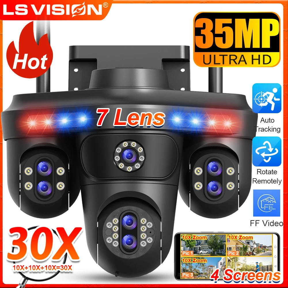 LS VISION 35MP WiFi IP Camera 10X Zoom 7 Lens 4 Screens Wireless Outdoor Surveillance Camera PTZ CCTV Auto Tracking Night Vision