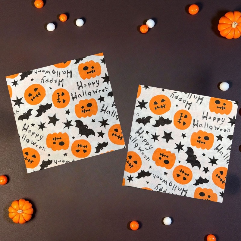 20pcs 33cm 2Layer Full Print Halloween Party Tissue Pumpkin Bat Printed Napkins DIY Decoupage Paper