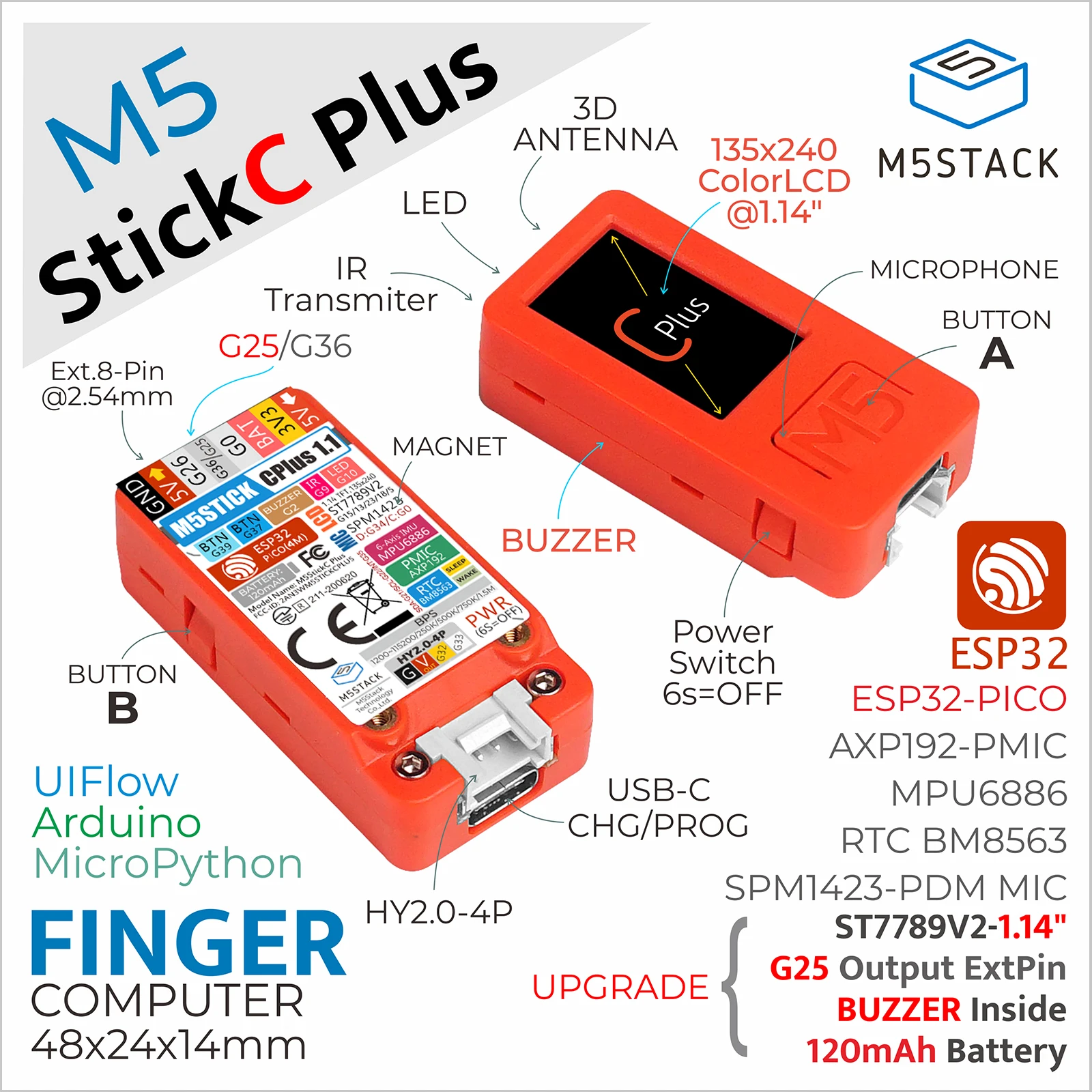 Официальный M5Stack M5StickC PLUS-PLUS2 с аксессуарами для часов Мини-комплект для разработки IoT 1,14-дюймовый TFT-экран Контроллер IoT