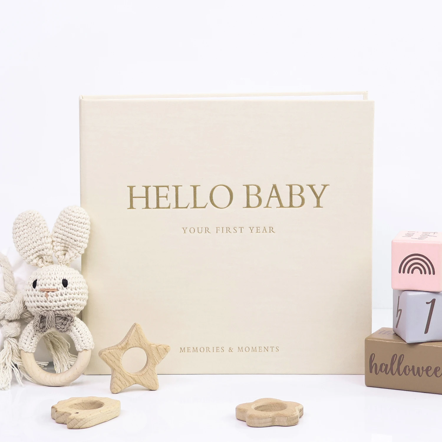 ERATOPIC Leinenstoff Goldenes Logo Hello Baby Memory Andenken Buch Versteckte Spiralbindung Baby Memory Journal für Babyparty