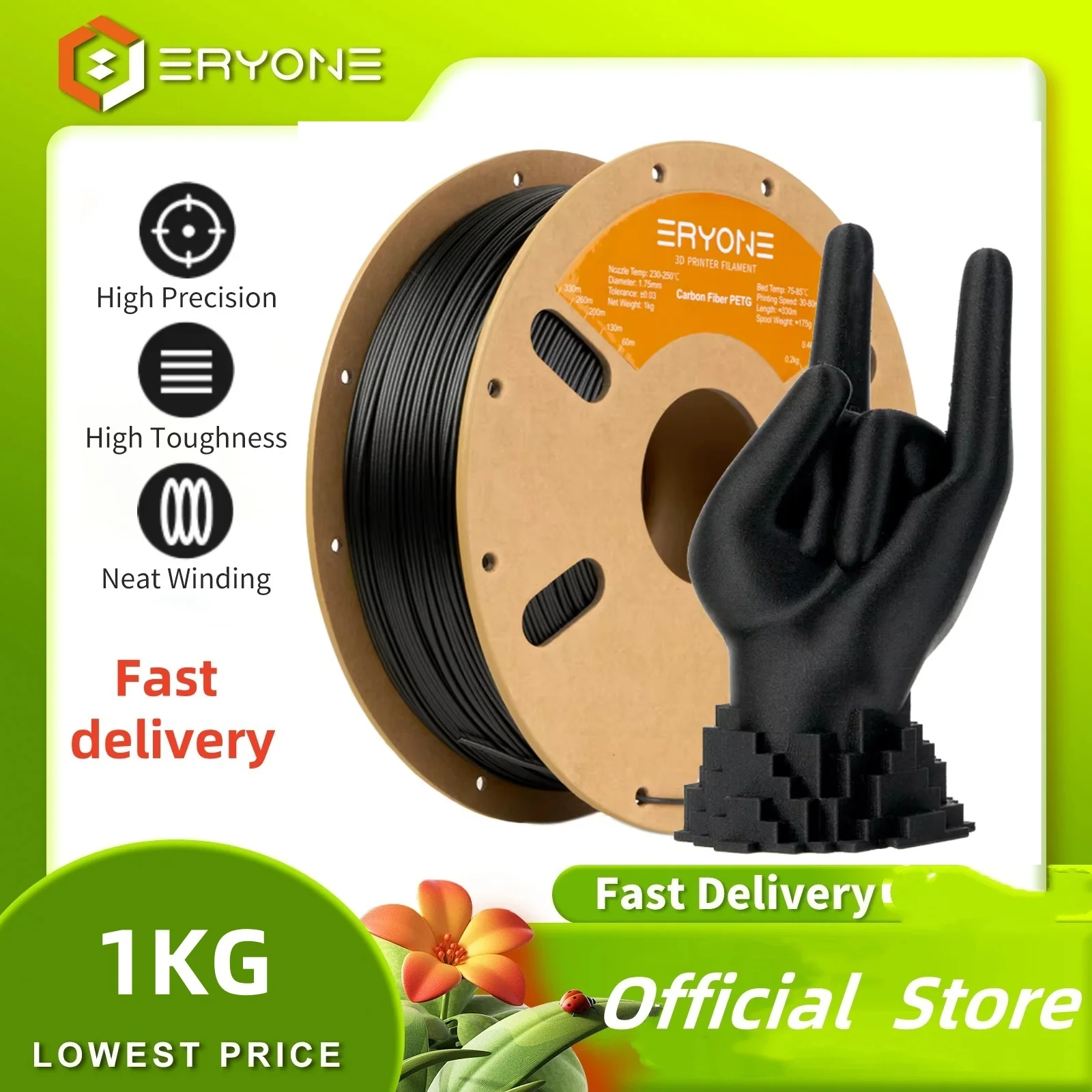 Eryone 1kg filamento de fibra de carbono petg premium impressão 3d 1.75mm, multicolorido disponível, 1kg petg-cf filamento impressão 3d, 1kg/carretel