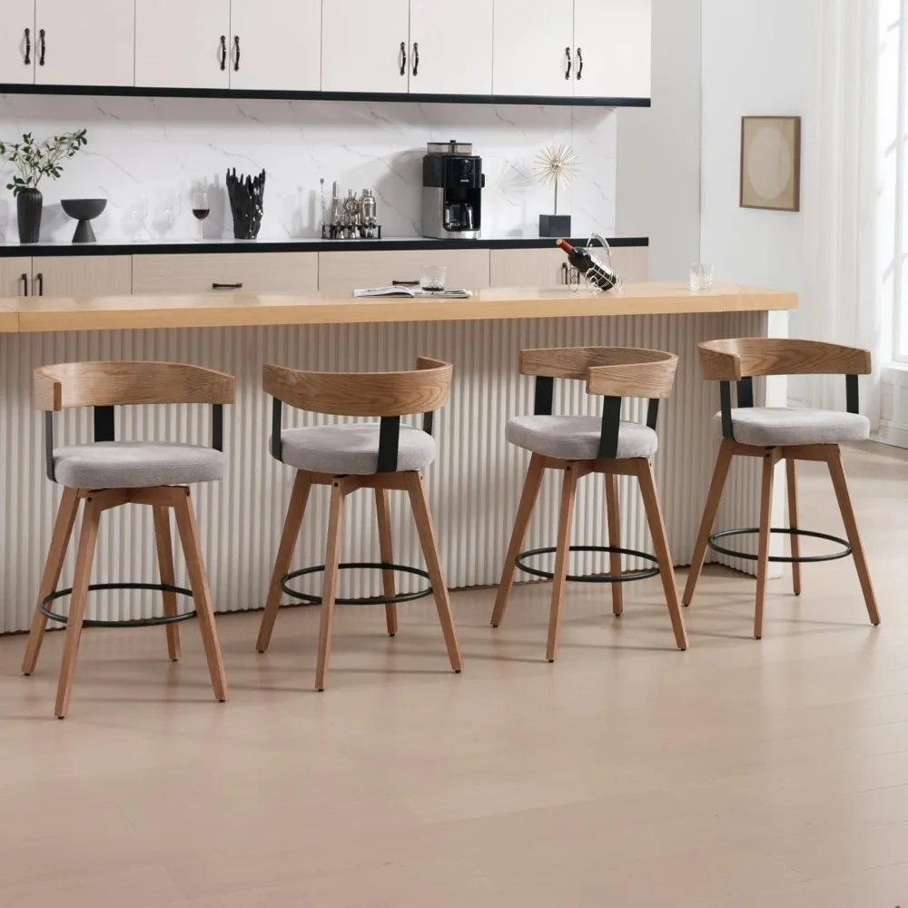 Modern Grey Linen Upholstered 360-Degree Swivel Bar Stool Set of 3 - 26" Counter Height with Footrest & Backrest - Ideal