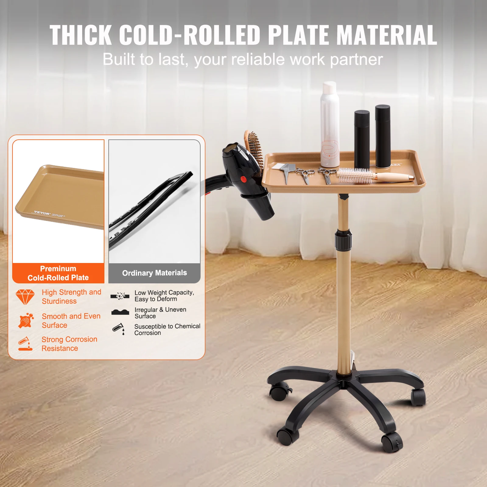 SucceBuy Carrello per vassoio da salone Vassoio per salone con rotelle regolabile in altezza da 30"-43" Vassoio per tatuaggi con piastra laminata a freddo con 5 ruote (2 chiudibili)