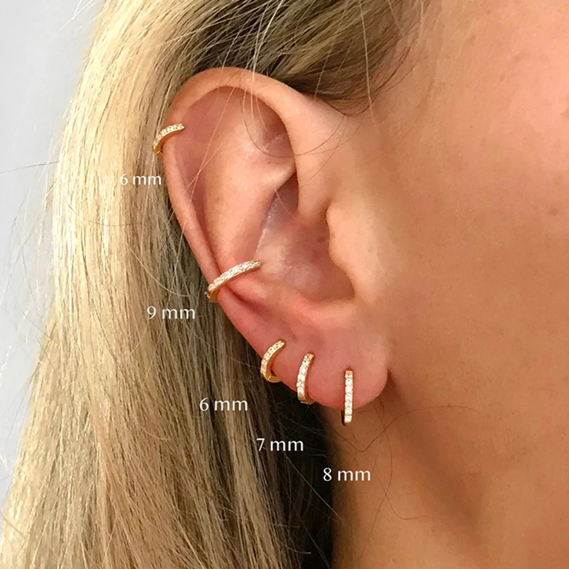 2 Chiếc Đồng Hồ Thép Không Gỉ Tối Thiểu Pha Lê Zirconia Vòng Bông Tai Bạc Nhỏ Hiệu Huggie Sụn Bông Tai Xoắn Tragus Trang Sức Khuyên