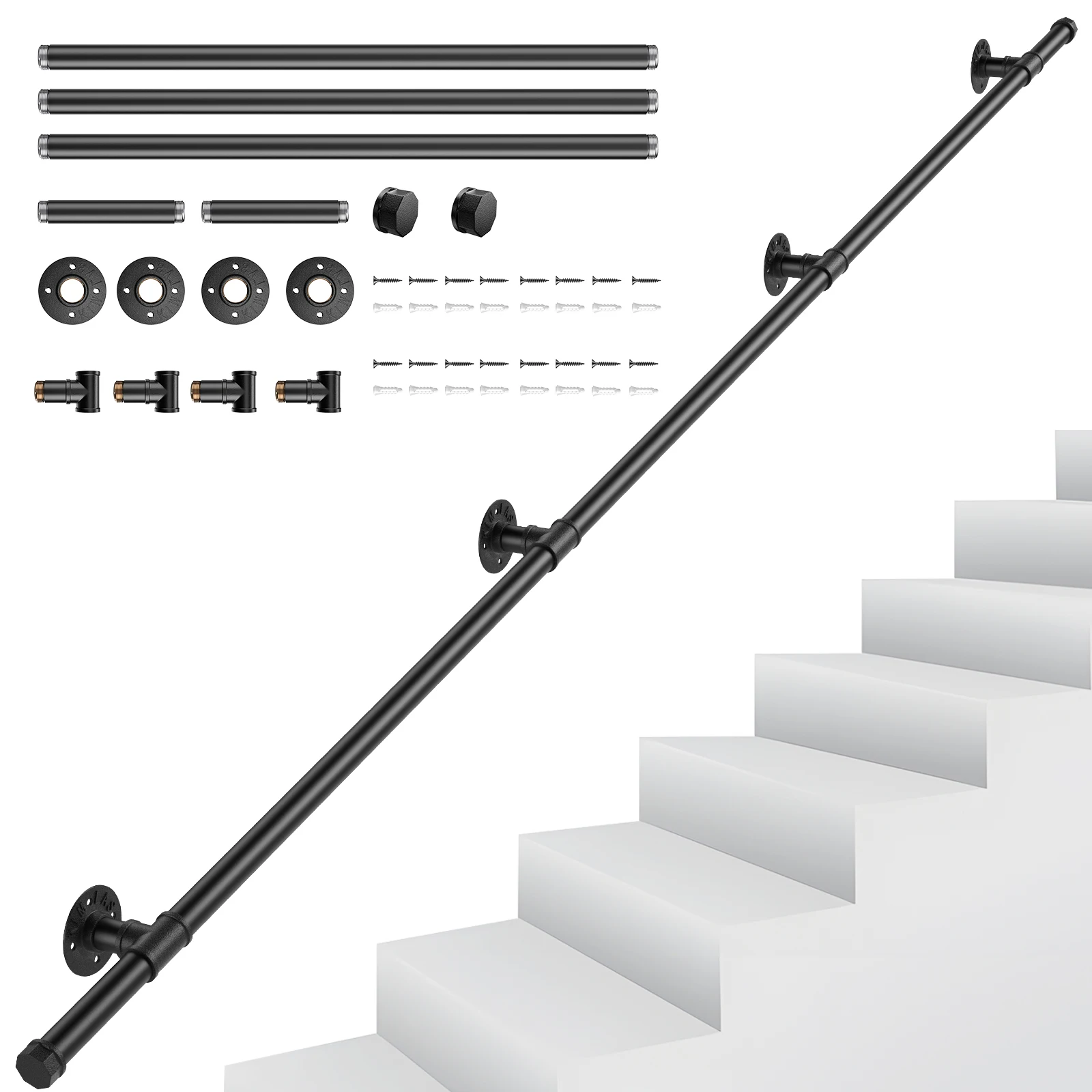 Handlauf für Treppen, 2,5 m Geländer, Treppen im Innen- und Außenbereich, rutschfester Griff, Sicherheitsgeländer, Leistenhalter für Sicherheit, Balkon, Flur
