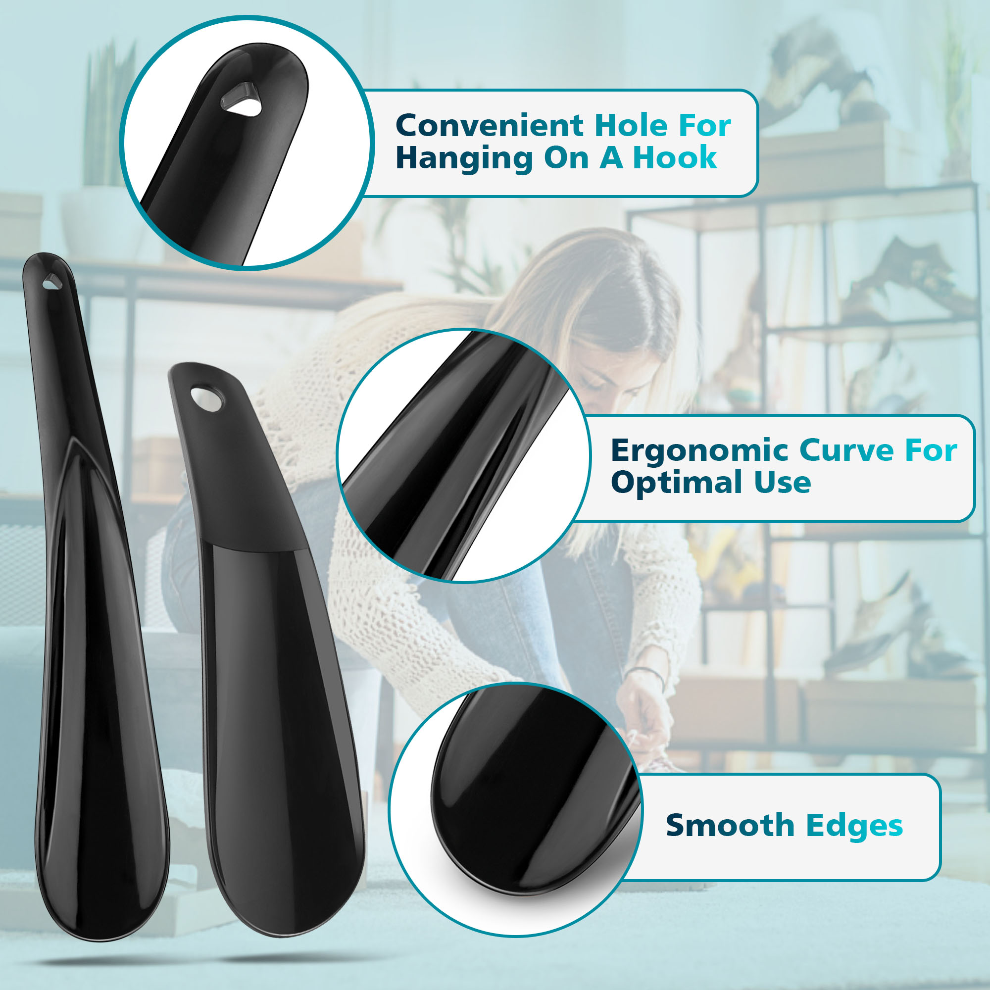 Buzina de sapato de plástico leve com aperto confortável chifres de sapato longos levantador de sapato flexível para idosos-pacote com 2 colheres de sapato