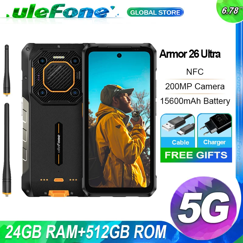 Ulefone Armor 26 Ultra Walkie Talkie 5G Telefone robusto 120W 15600mAh 200MP + 64MP + 50MP NFC 6,78" FHD + Smartphone móvel à prova de água
