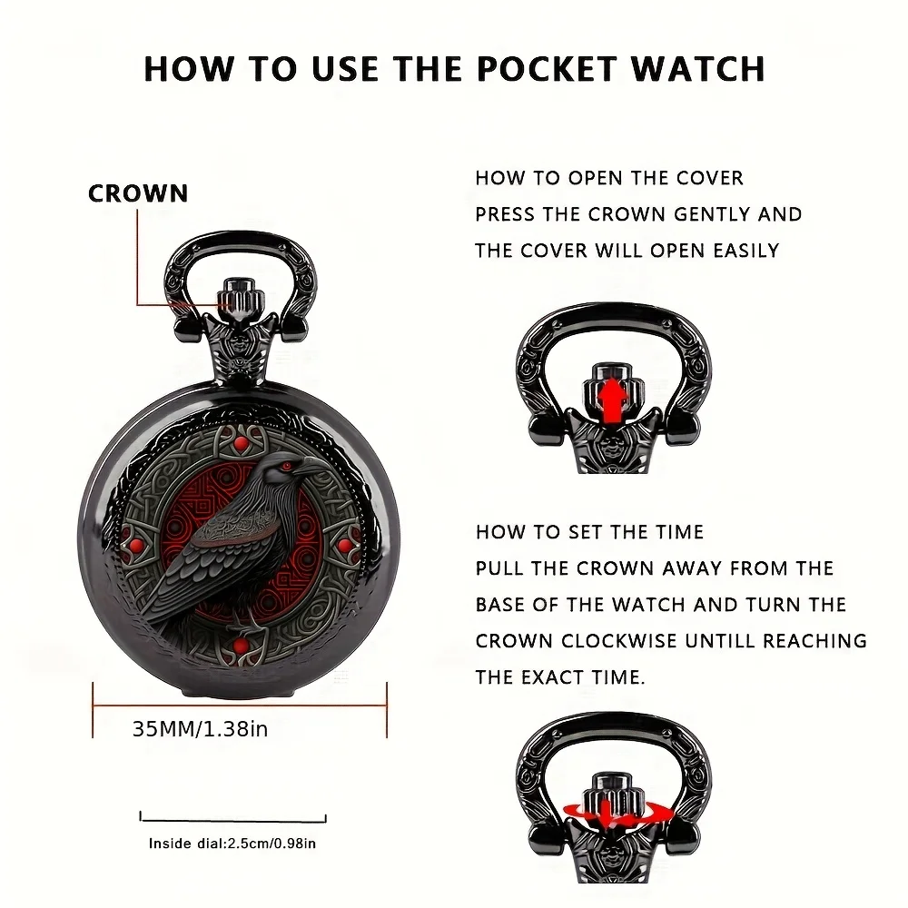 Relógio de bolso corvo preto com design gótico, caixa e pulseira de liga de colar, movimento de quartzo, relógio não à prova d'água para homens, mulheres e crianças