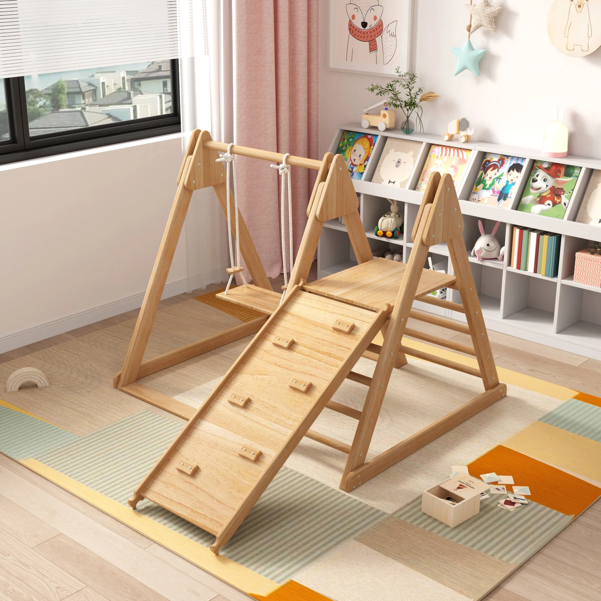 Gemaakt van massief grenen, multiplex 3-in-1 kinderspeelgoed met klimsteiger Glijbaan en schommel voor kinderen, houten speelgoed voor kinderen