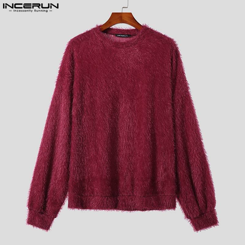 Incerun topos 2024 estilo coreano bonito dos homens solto falso tecido de pelúcia pulôver casual streetwear sólido camisola de manga comprida S-5XL