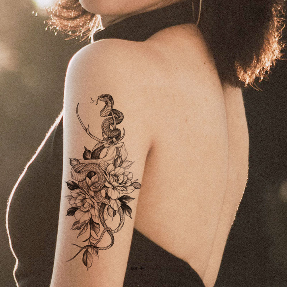 ดอกไม้สี Tattoo สติกเกอร์สําหรับมือกันน้ํางูดอกไม้รอยสักชั่วคราวหญิงปลอม Tattoo สําหรับผู้หญิง