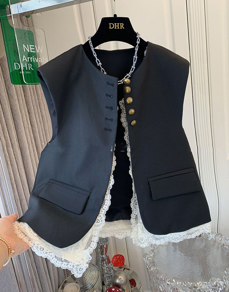 Chaleco de retazos de encaje para mujer, chaquetas informales sin mangas con cuello redondo coreano, chaleco holgado para mujer, Tops Vintage Chic, ropa para mujer 2024