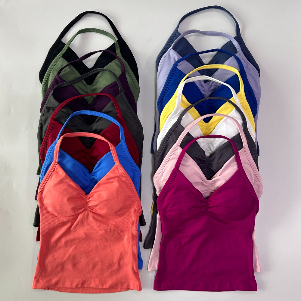 Top de tiras palangre de impacto con Logo, Top de gimnasio sin espalda, sujetador incorporado con copas extraíbles, camisetas sin mangas elásticas para Yoga