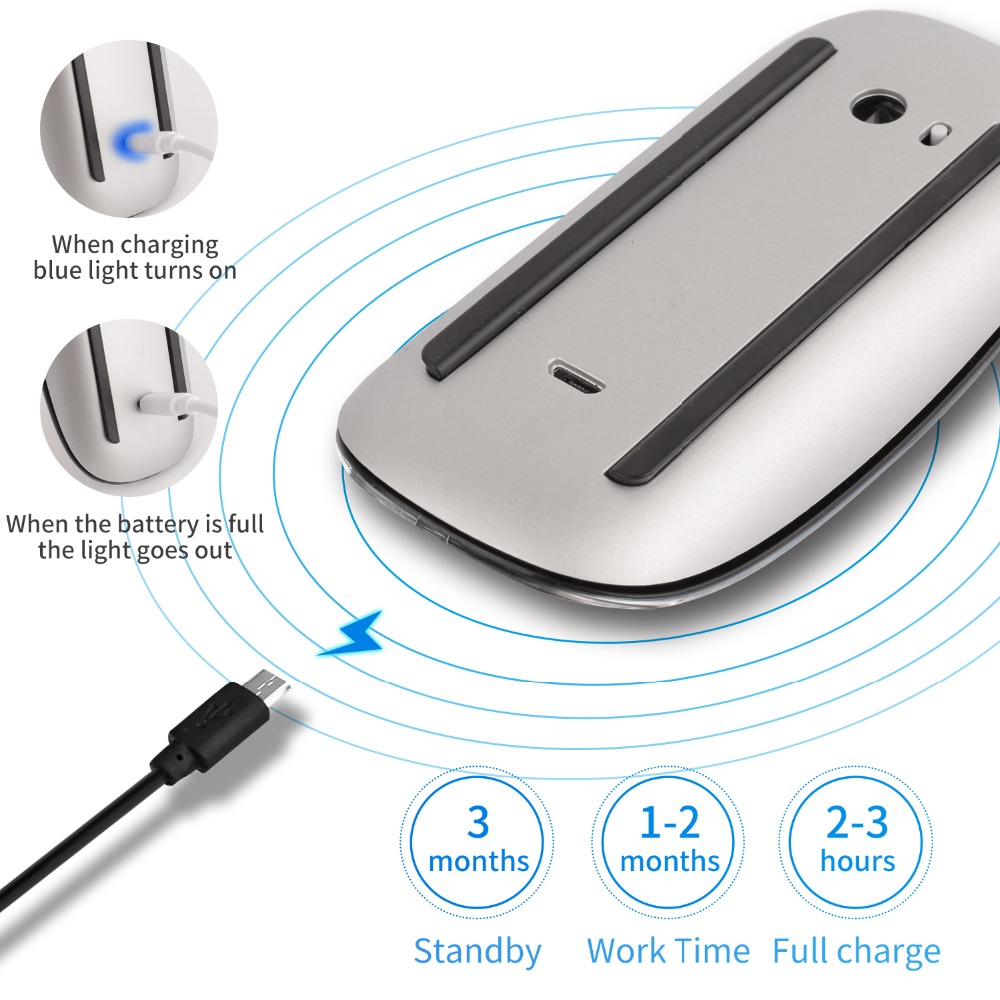 Bezprzewodowa mysz Bluetooth Cicha, ładowalna laserowa mysz komputerowa Smukła, ergonomiczna mysz PC Magic do Apple Macbook Microsoft IPAD