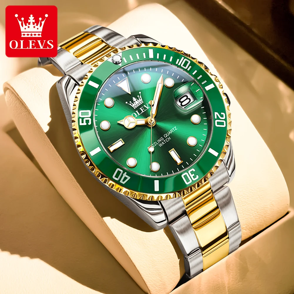 Olevs 5885 luxo aço inoxidável à prova dwaterproof água relógio de quartzo para homens calendário luminoso relógio de pulso masculino esporte reloj
