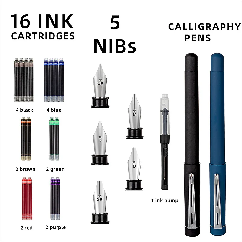 25 Piece Calligraphy Pen Writing Set 2 Fountain Pens 5 Nibs 16 Ink Cartridges for Art Gothic Flower Font English Sketch Drawing