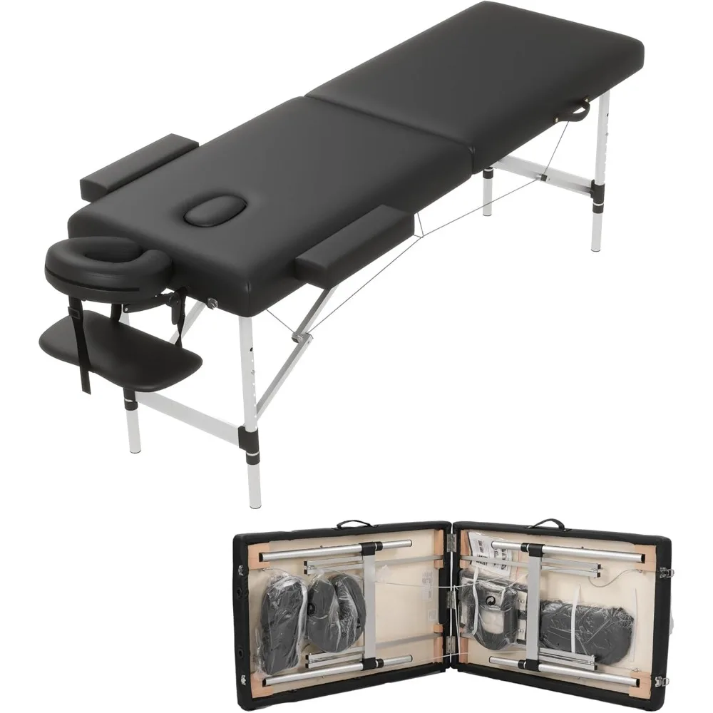 Massage Table Massage Bed, Portable 2 Section Foldable Tattoo Bed, Height Adjustable Lash Spa Bed with Face Cradle
