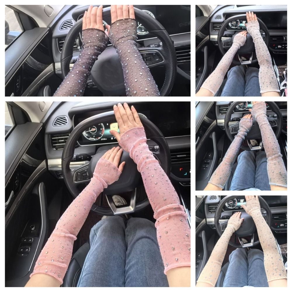 Mangas de brazo de cristal con protección solar para mujer, malla de manga larga de seda de hielo, Mangas de mano transpirables, Verano