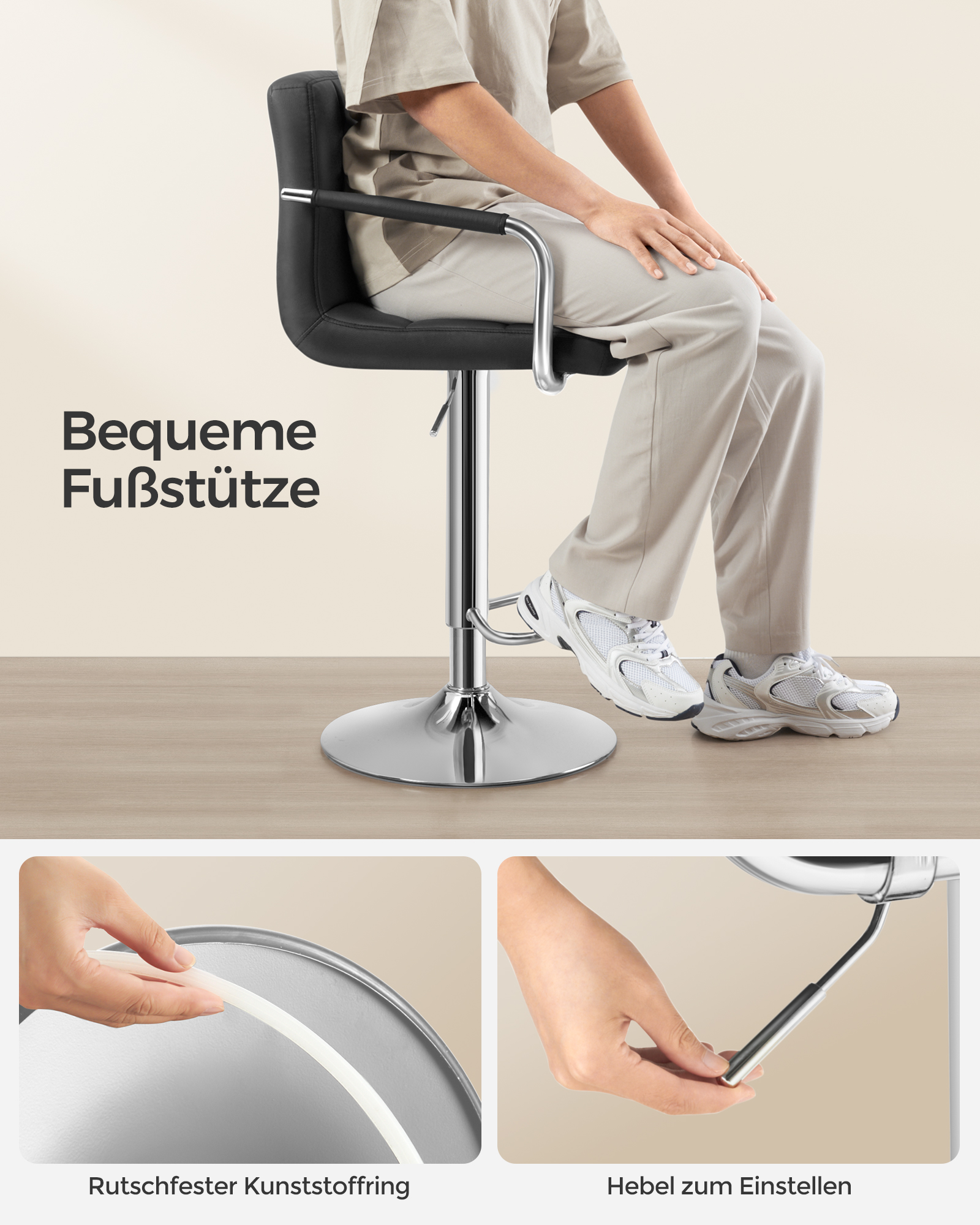 SONGMICS Barhocker, Küchenstuhl, 2er Set mit Armlehnen, 120 kg Tragkraft, höhenverstellbar, Kunstleder-Bezug, 360° drehbar