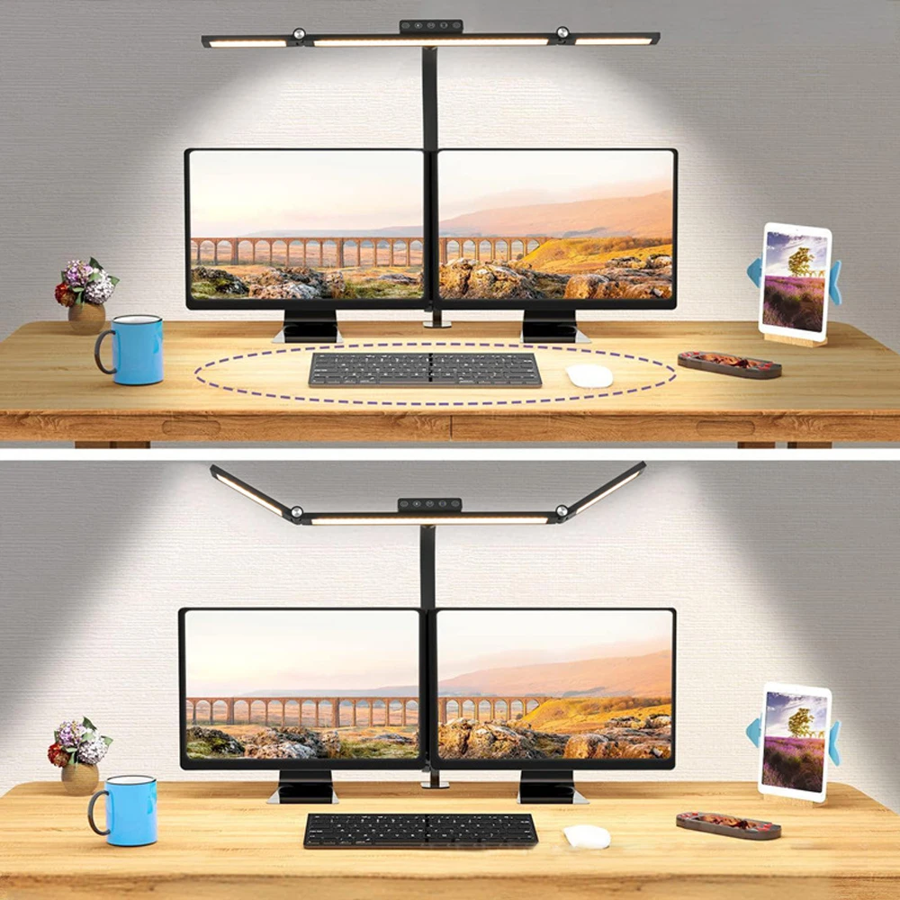 LED-Schreibtischlampe, Doppelkopf, stufenloses Dimmen, augenschonende Leselampen für zu Hause, 3-Farbmodus, flexibel, verstellbar, PC-Büro-Tischlampen