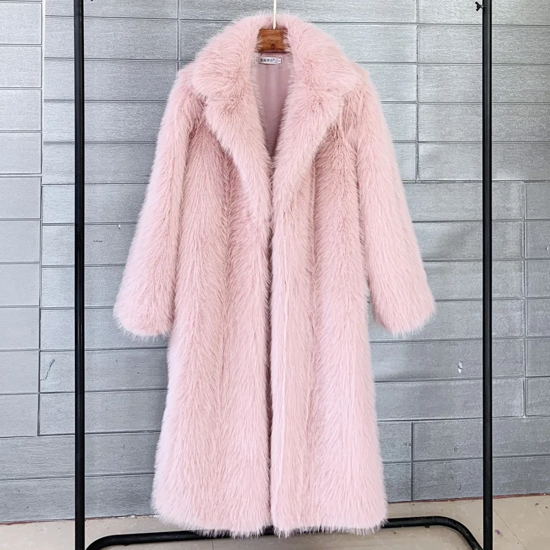 Manteau Long blanc en fausse fourrure pour femme, grande veste, pardessus à col rabattu, poches épaisses, vestes chaudes, manteaux Maxi, automne hiver