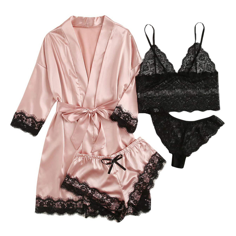 Damenmode-Pyjama-Set mit Aufdruck, sexy Spitzenbesatz, Kunstseide, Satin, Kleid, hautfreundlich, bequem, Loungewear, sexy Pyjamas