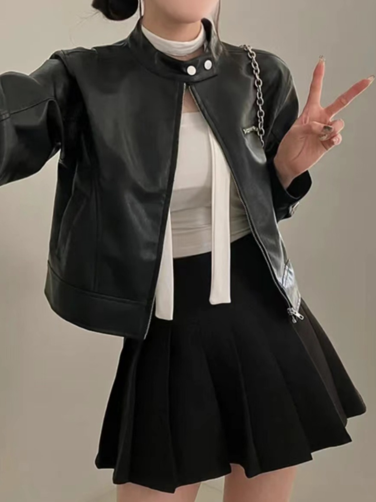 Fall New Sle High-End Motorcycle Leather Jacket Long Sleeve Stand Collar Versatile Baseball Shirt Top for Small Figures