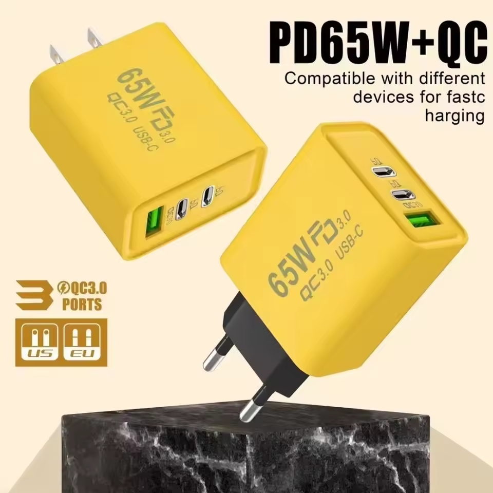 65W 3 포트 GaN USB PD 충전기 고속 충전 유형 C 휴대 전화 어댑터 iPhone 15 용 빠른 충전기 3.0 Samsung Xiaomi Huawei