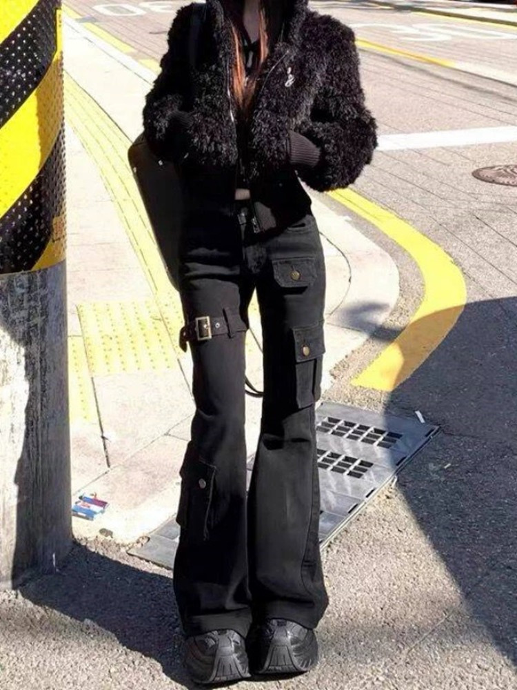 Cyber Y2K, модный дизайн с ремешком, тонкие расклешенные джинсы, брюки для женщин, одежда, женские брюки с несколькими карманами, Pantalon Femme