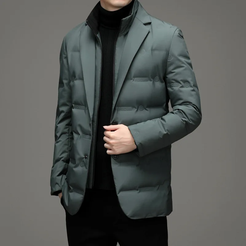 2025 Men's Winter New Fake Two-Piece Warm blazer Business Leisure Warm Stand-up Collar down Jacket