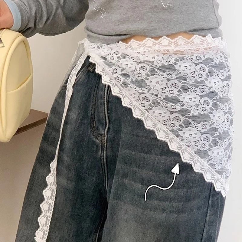 Falda corta triangular 2 en 1, media falda, cortina a tope, delantal con adornos de encaje, encaje suave apilado, estilo Ins, pañuelo para la cabeza coreano de primavera