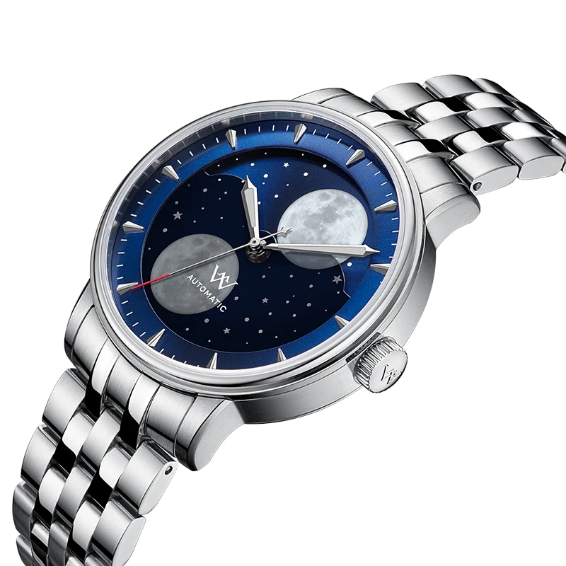 Reloj WM Welly Merck, relojes mecánicos automáticos para hombre, fase lunar, zafiro, resistente al agua, luminoso, doble luna, WM142