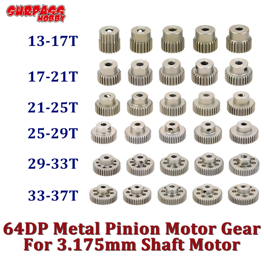 SURPASS HOBBY 5PCS 3.175mm SHAFT โลหะ Pinion มอเตอร์เกียร์ 32DP 48DP 64DP M0.6 M0.8 สําหรับ 1/10 1/8 RC รถ 3650 3660 Traxxas