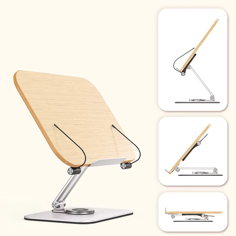 Suporte de livro de mesa para leitura com 360 °   Painel de madeira com base giratória e clipes de página dobráveis e ângulos para suporte de livro de leitura